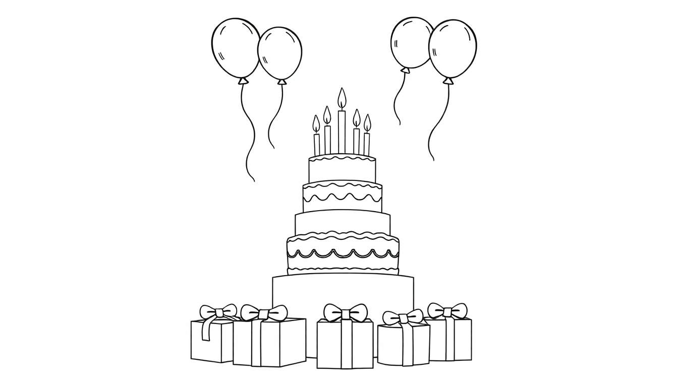 A black and white drawing of a birthday cake with 6 lit candles on top, surrounded by balloons and presents, perfect for a coloring panel.