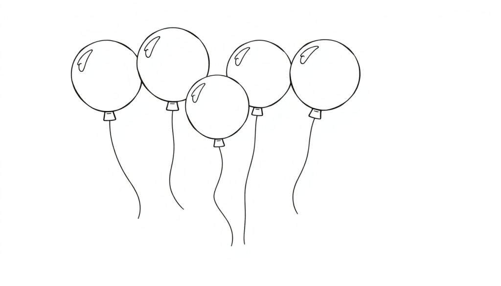 A black and white color panel of five happy balloons floating in the sky.