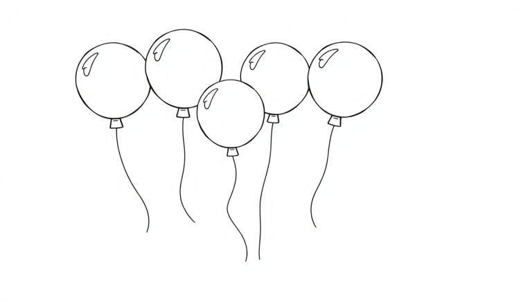 A black and white color panel of five happy balloons floating in the sky.