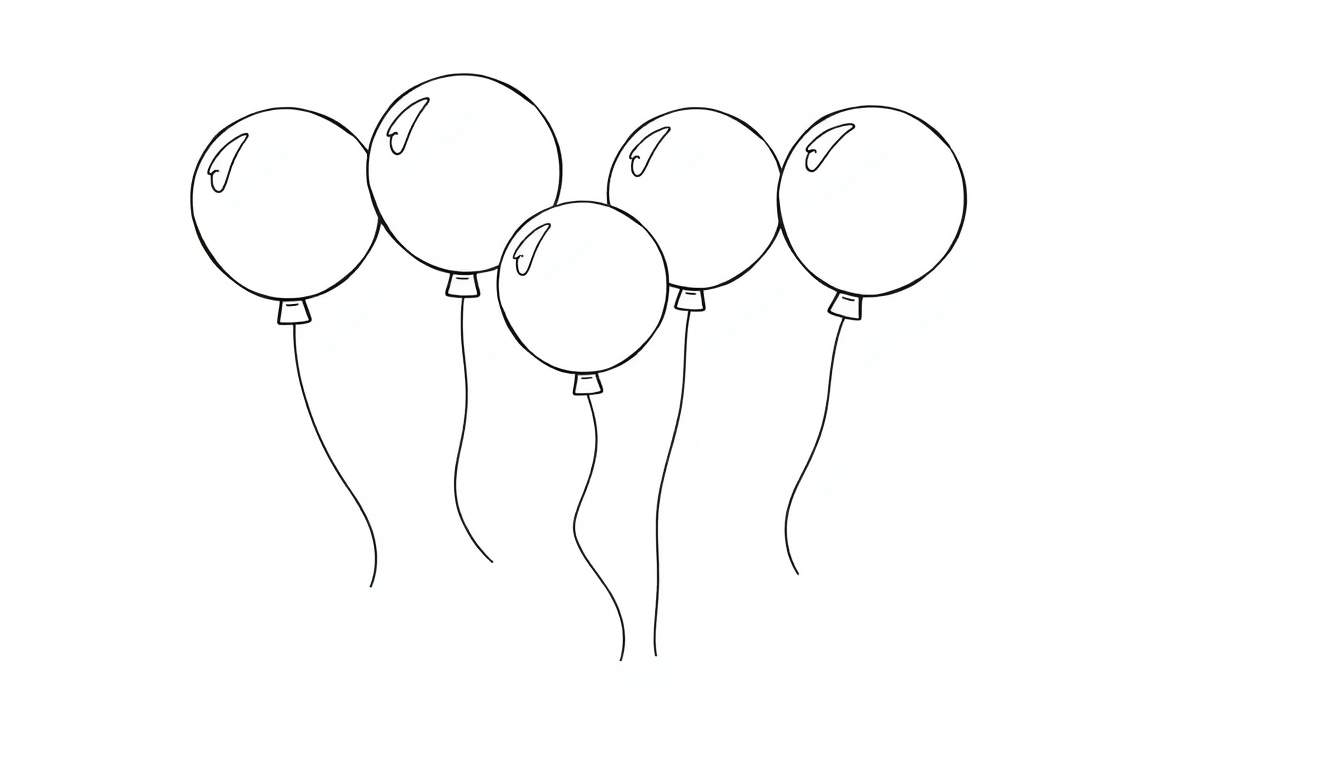 A black and white color panel of five happy balloons floating in the sky.