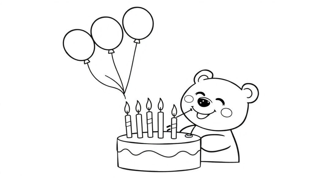 A happy bear in a black and white color panel is about to blow out candles on a birthday cake with balloons.