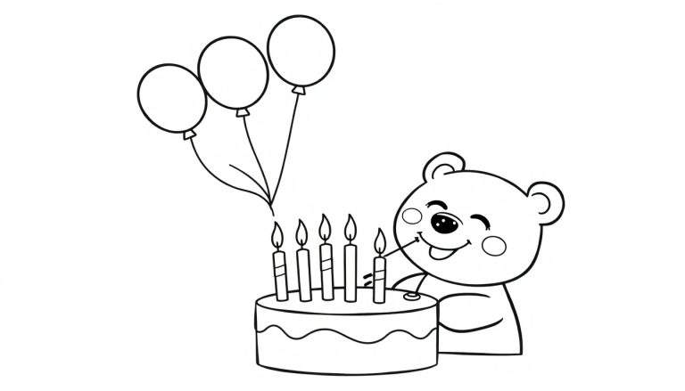 A happy bear in a black and white color panel is about to blow out candles on a birthday cake with balloons.