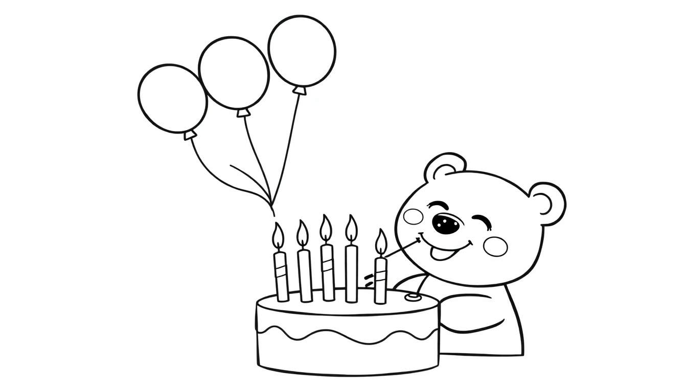 A happy bear in a black and white color panel is about to blow out candles on a birthday cake with balloons.