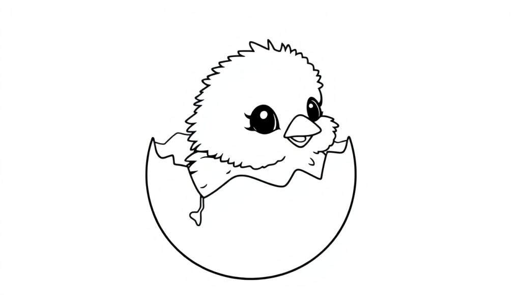 A baby chick hatching from an egg, a cute black and white color panel drawing.