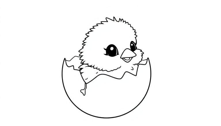 A baby chick hatching from an egg, a cute black and white color panel drawing.