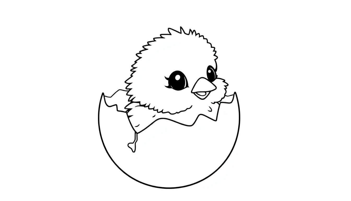 A baby chick hatching from an egg, a cute black and white color panel drawing.