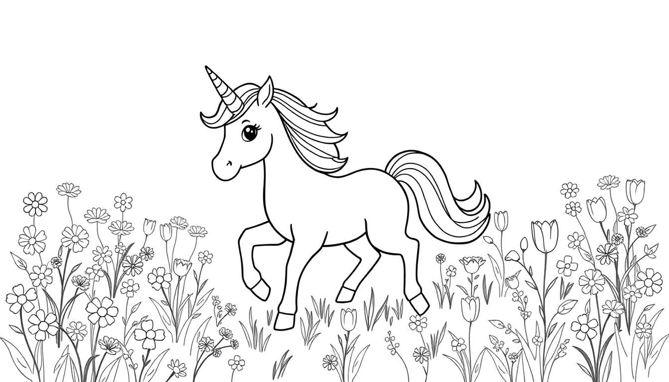A black and white drawing of a unicorn walking through a field of flowers.