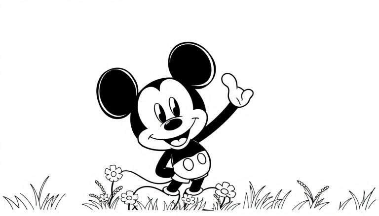 A cute Mickey Mouse in a black and white color panel, waving hello with a big smile and big ears.