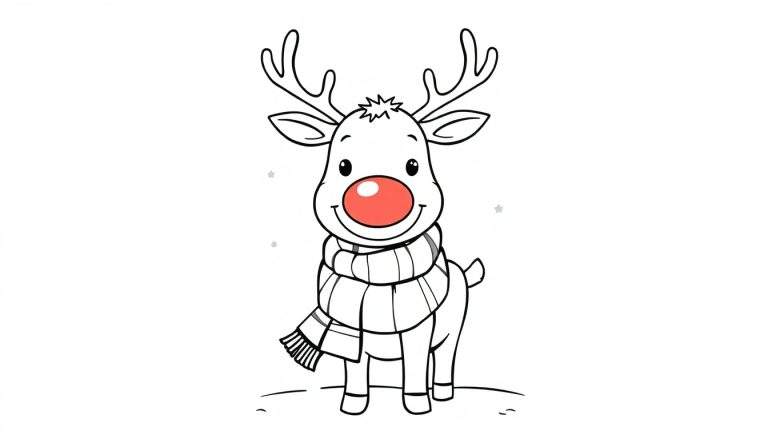 A cute reindeer with a red nose and striped scarf, ready to be colored on this color panel.