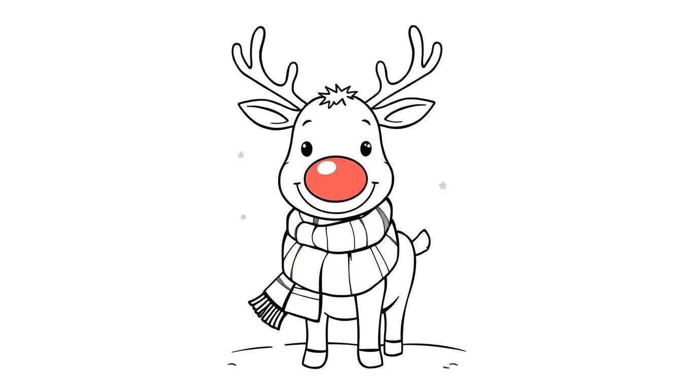 A cute reindeer with a red nose and striped scarf, ready to be colored on this color panel.