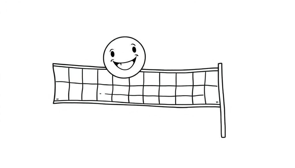 A smiling volleyball sits on a black and white volleyball net, ready for a game in this color panel.