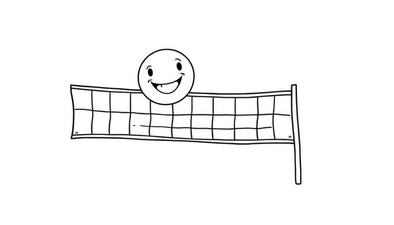 A smiling volleyball sits on a black and white volleyball net, ready for a game in this color panel.