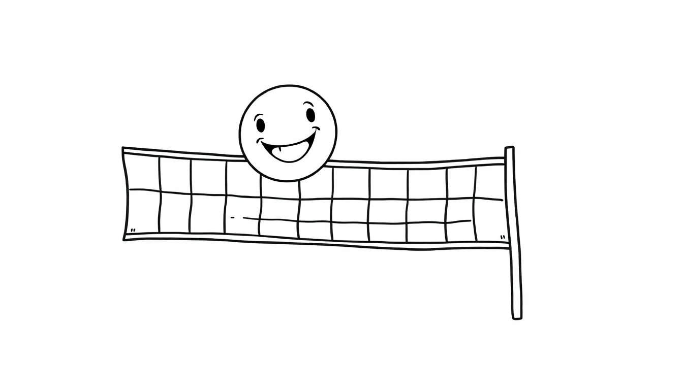 A smiling volleyball sits on a black and white volleyball net, ready for a game in this color panel.