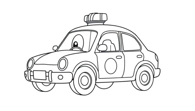 A friendly cartoon police car ready for coloring in a color panel.