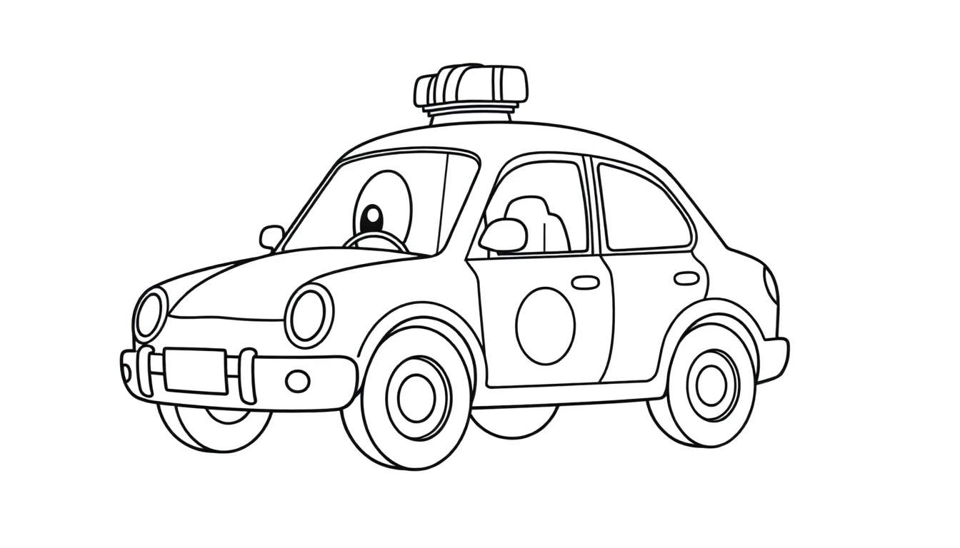 A friendly cartoon police car ready for coloring in a color panel.