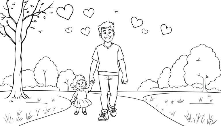 A happy dad and daughter walking in a park on a sunny day, with hearts floating above them. A lovely Father's Day color panel.