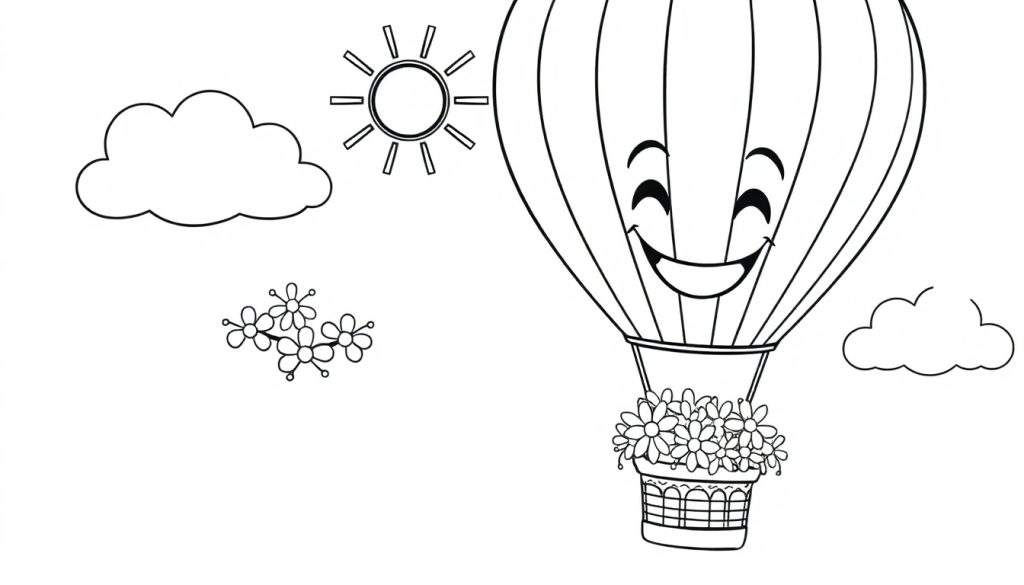 A black and white drawing of a happy hot air balloon floating amongst clouds, with a smiling sun and flowers, ready for a color panel.