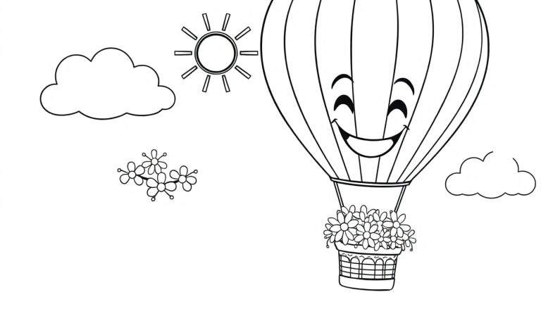 A black and white drawing of a happy hot air balloon floating amongst clouds, with a smiling sun and flowers, ready for a color panel.