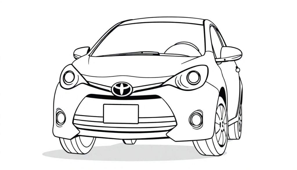 A cute black and white coloring page, a friendly Toyota car waving hello, ready for your color panel.