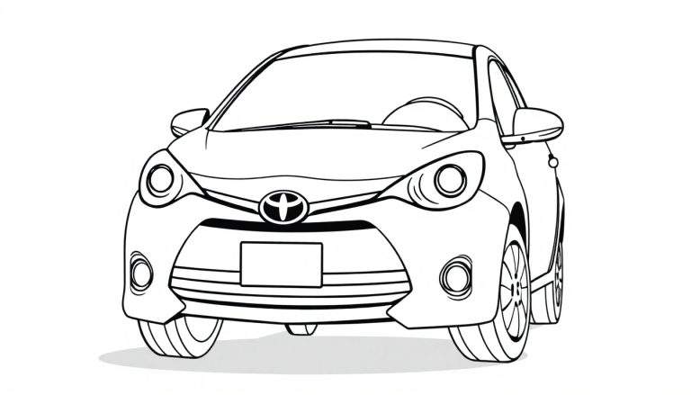 A cute black and white coloring page, a friendly Toyota car waving hello, ready for your color panel.