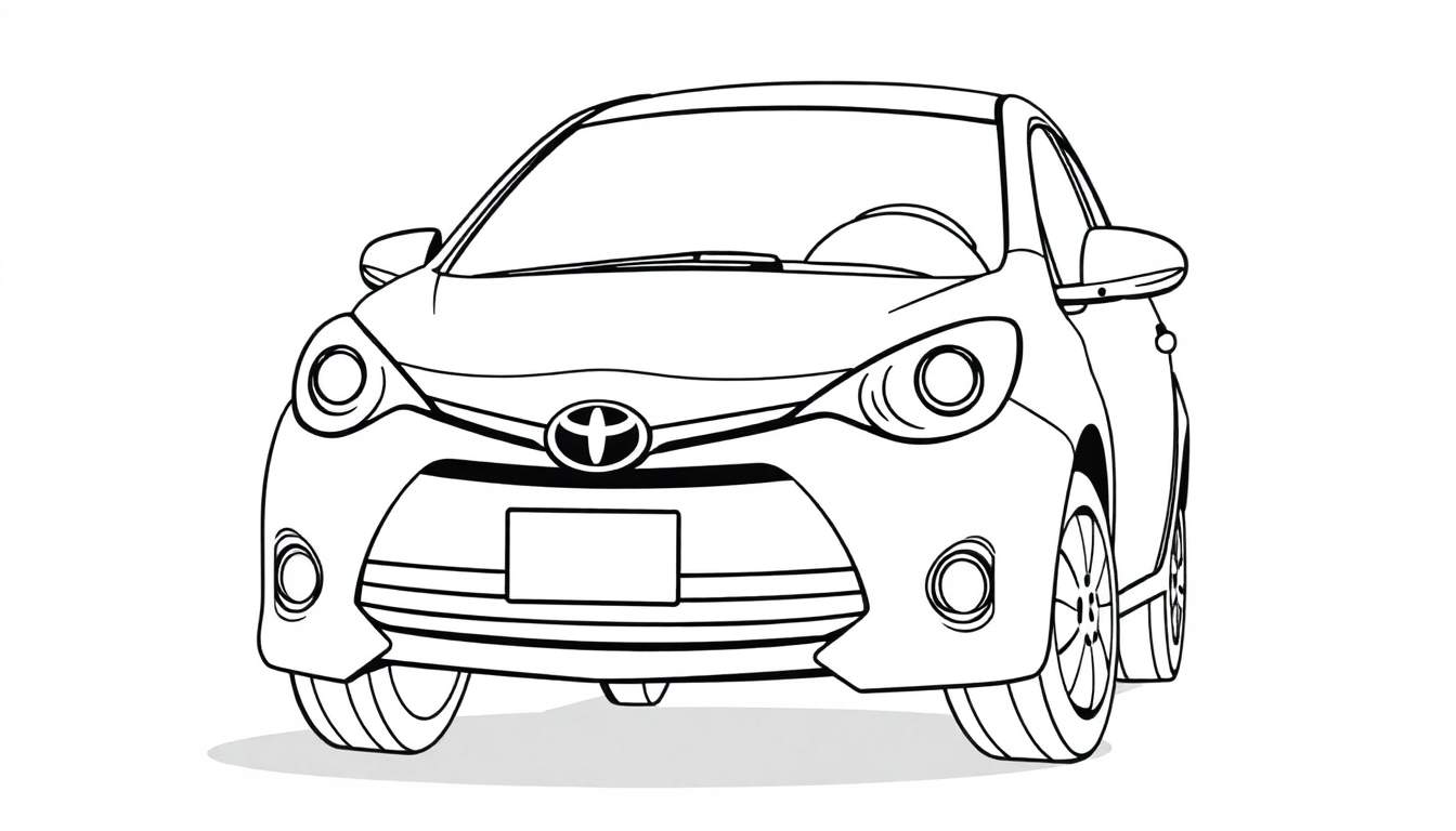 A cute black and white coloring page, a friendly Toyota car waving hello, ready for your color panel.