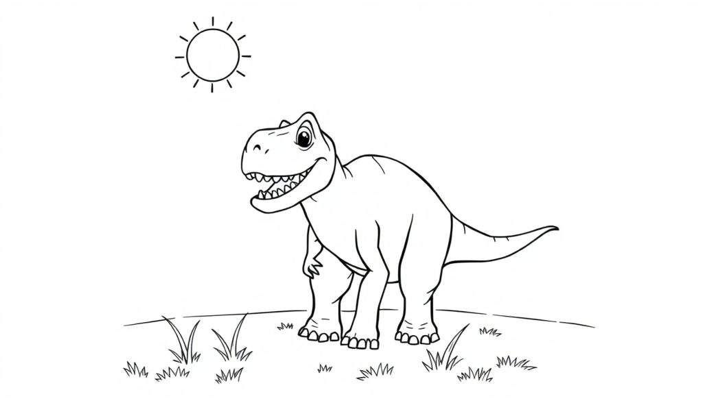 A friendly T-Rex coloring panel with a sun.