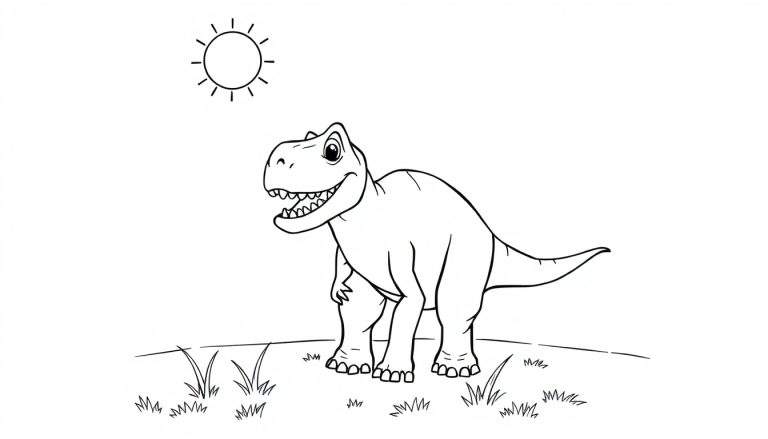 A friendly T-Rex coloring panel with a sun.