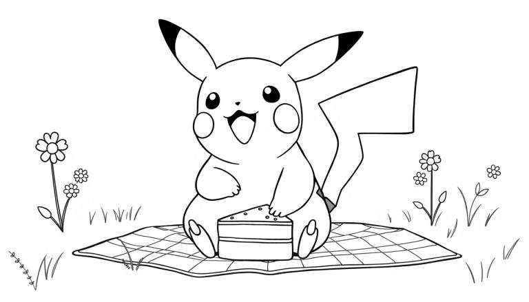 A black and white drawing of Pikachu happily eating cake on a checkered picnic blanket, with grass and flowers around, a fun color panel for kids.