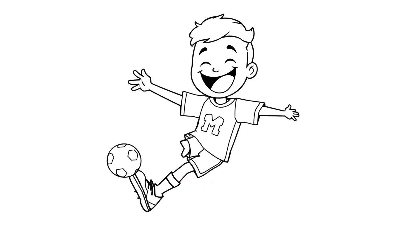 A black and white drawing of a happy boy in mid-air kicking a soccer ball.