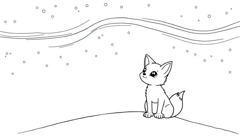 A black and white cartoon fox cub sitting in the snow under a sky full of snowflakes, on a color panel.