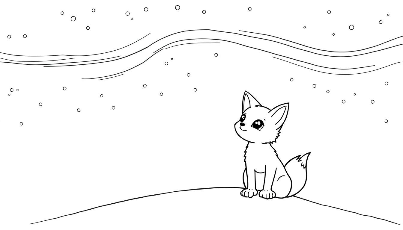 A black and white cartoon fox cub sitting in the snow under a sky full of snowflakes, on a color panel.