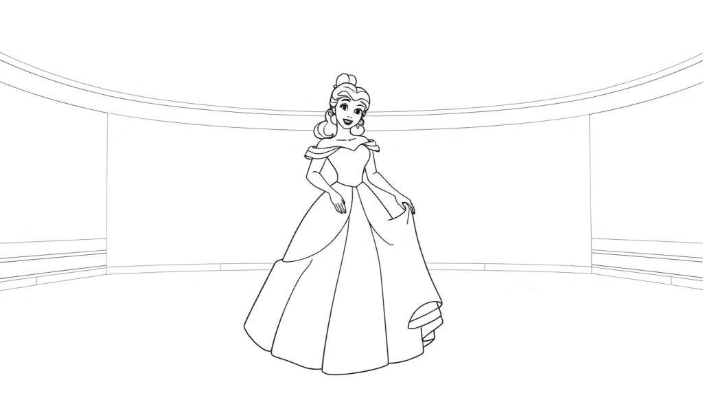 Belle in her yellow ballgown, a coloring panel.