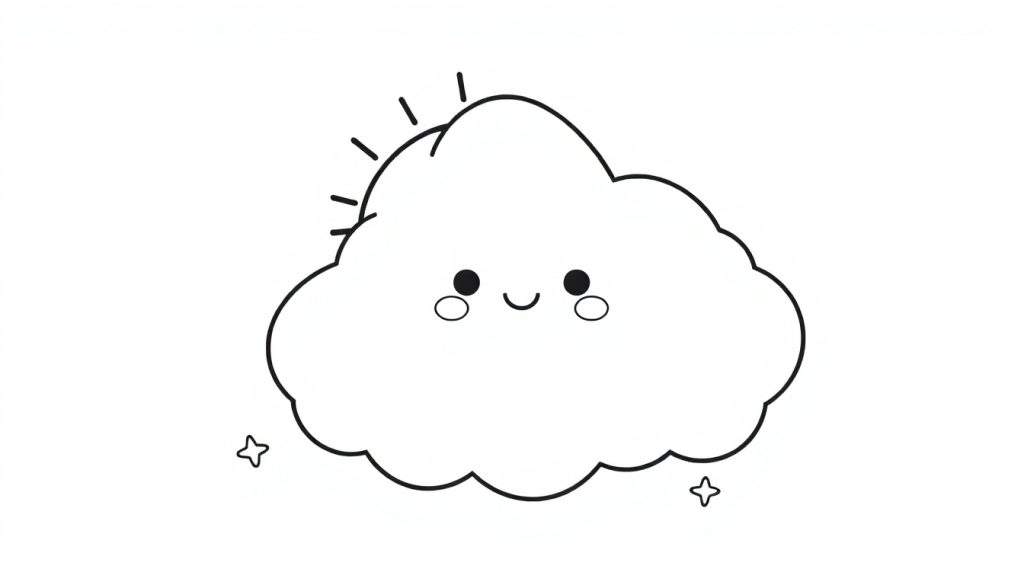 A kawaii fluffy cloud coloring panel with a smiling sun peeking out, ready for colorful fun.