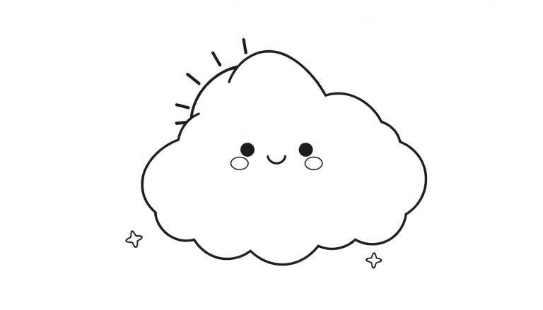 A kawaii fluffy cloud coloring panel with a smiling sun peeking out, ready for colorful fun.
