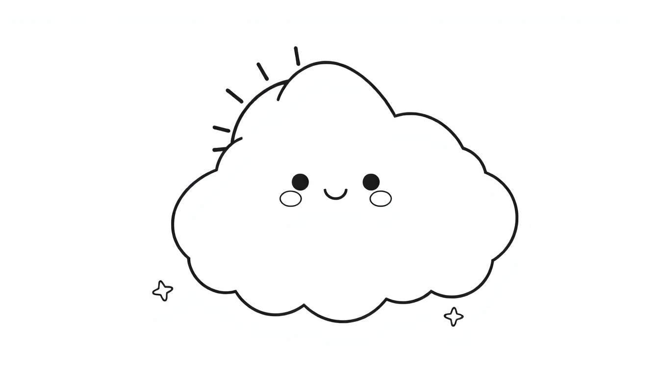 A kawaii fluffy cloud coloring panel with a smiling sun peeking out, ready for colorful fun.