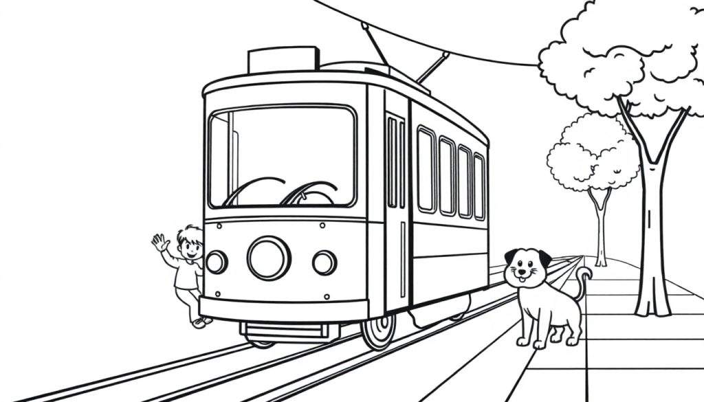 A black and white cartoon of a tram with a boy waving from the front and a dog on the side, on tracks with trees in the background, ready for coloring in this color panel.