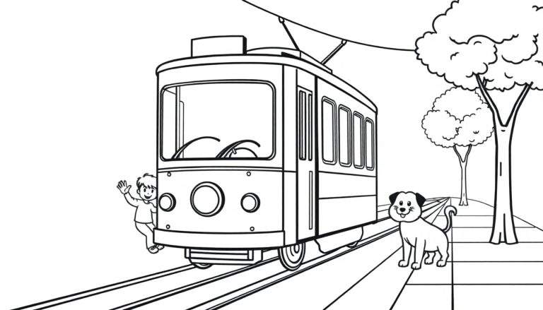 A black and white cartoon of a tram with a boy waving from the front and a dog on the side, on tracks with trees in the background, ready for coloring in this color panel.