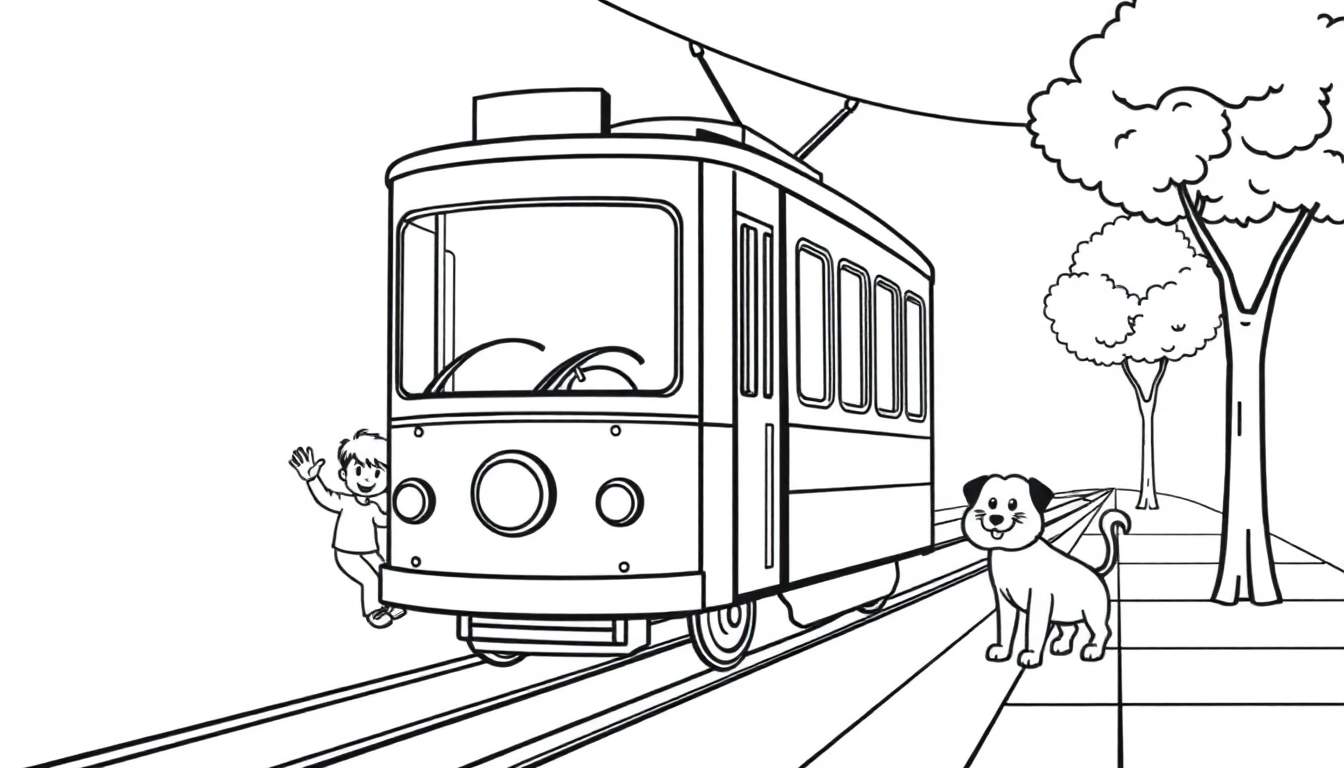 A black and white cartoon of a tram with a boy waving from the front and a dog on the side, on tracks with trees in the background, ready for coloring in this color panel.