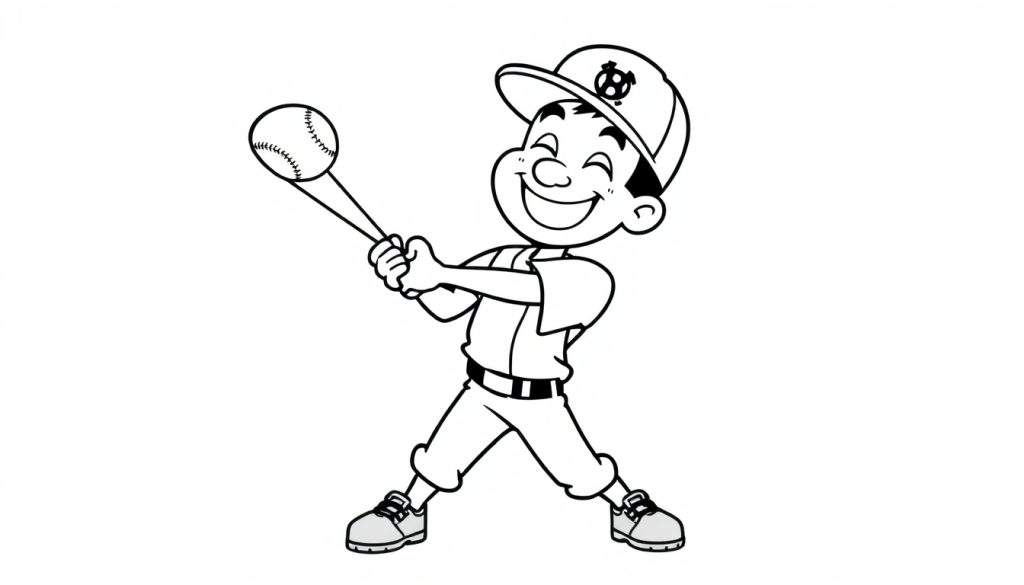 A happy cartoon boy swings a baseball bat, ready to hit the ball. Black and white color panel.