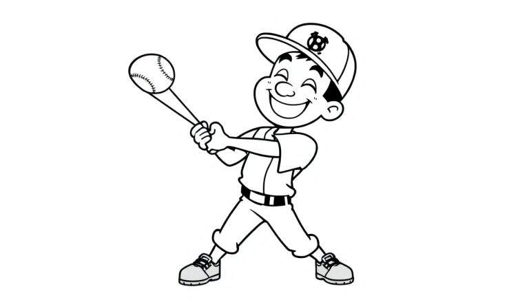 A happy cartoon boy swings a baseball bat, ready to hit the ball. Black and white color panel.