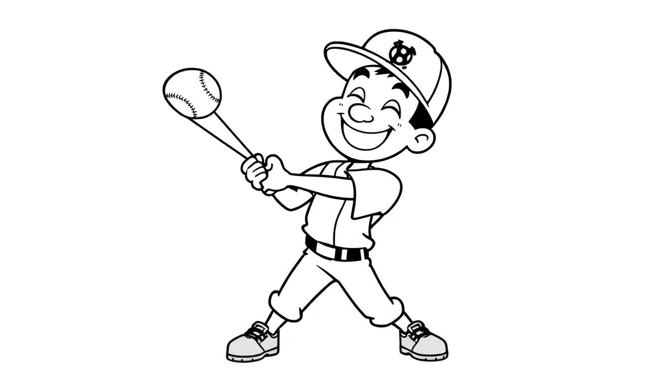 A happy cartoon boy swings a baseball bat, ready to hit the ball. Black and white color panel.