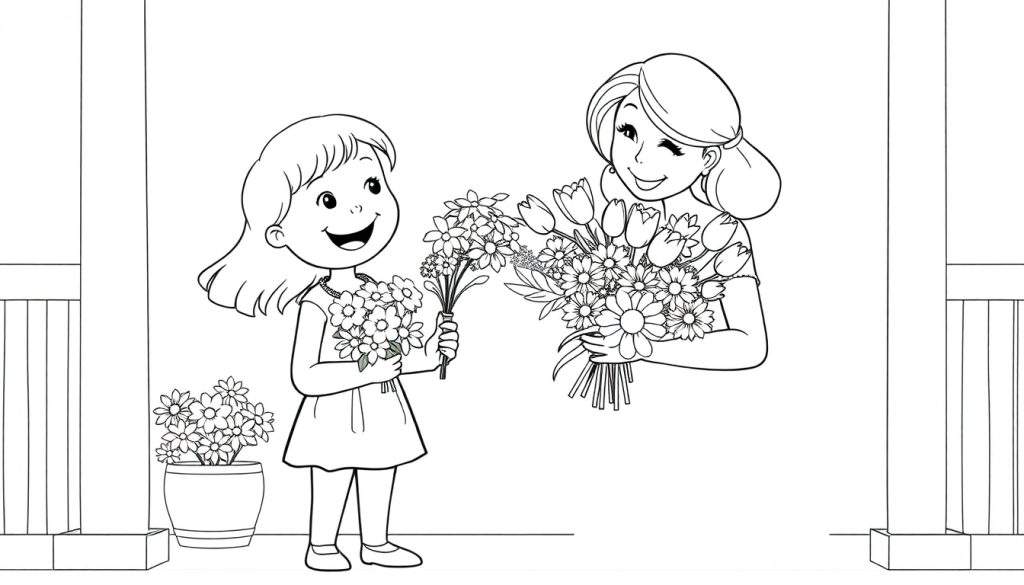 A little girl with a bouquet of flowers in a coloring panel, giving them to her mom.