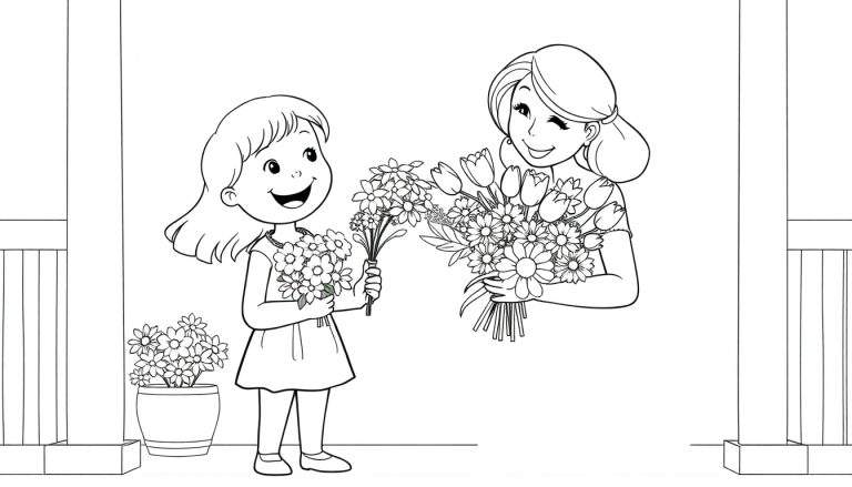 A little girl with a bouquet of flowers in a coloring panel, giving them to her mom.