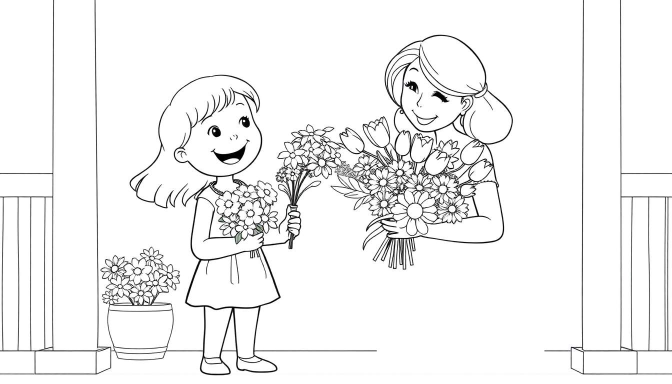 A little girl with a bouquet of flowers in a coloring panel, giving them to her mom.