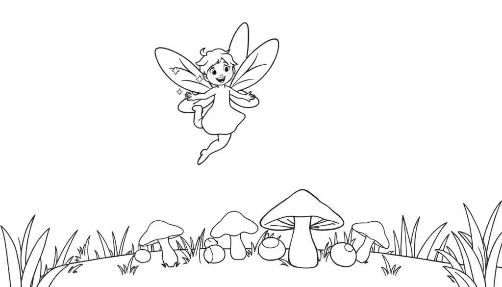 A happy fairy with sparkly wings flitting among glowing mushrooms in a whimsical forest. Black and white color panel.