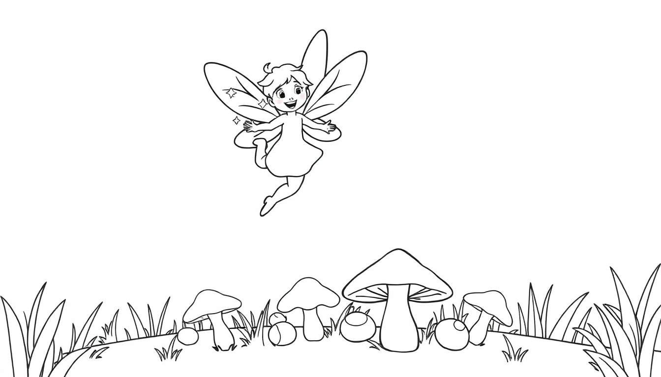 A happy fairy with sparkly wings flitting among glowing mushrooms in a whimsical forest. Black and white color panel.