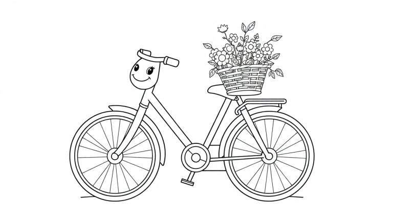 A smiling black and white line drawing of a bicycle with a basket of flowers, ready for coloring.
