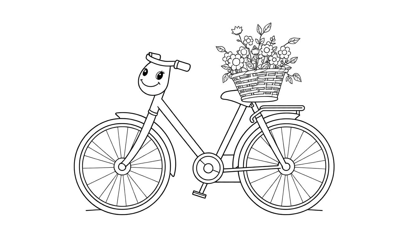 A smiling black and white line drawing of a bicycle with a basket of flowers, ready for coloring.