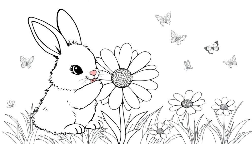 A cute bunny in a flower field color panel with butterflies.
