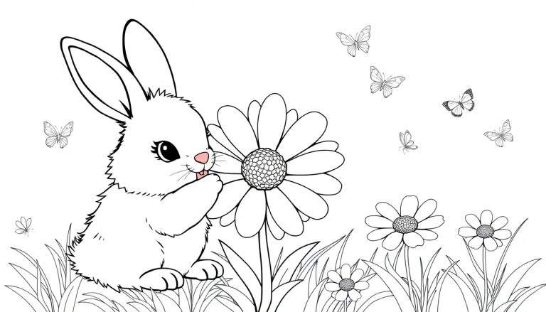 A cute bunny in a flower field color panel with butterflies.